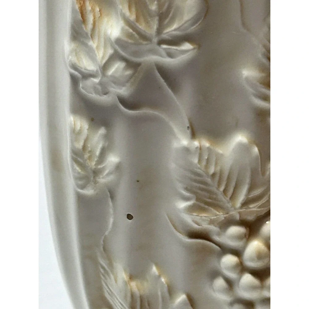 Pottery Pedestal Vase, White‎ & Tan, Raised Embossed Grapes & Leaves, Scalloped
